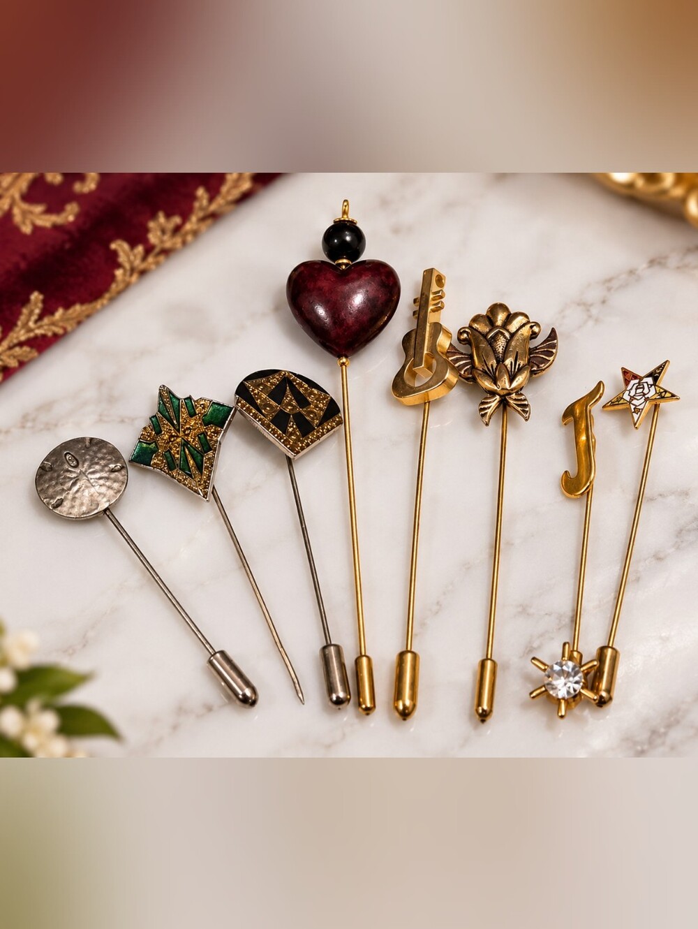 Vintage Stick Pin Collection Lot of 8 Gold Tone, Enamel, Heart & Rhinestone Pins